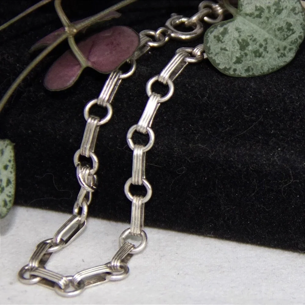 Vintage Sterling Silver 925 Textured Bar and Round Link Chain Bracelet 7.25in